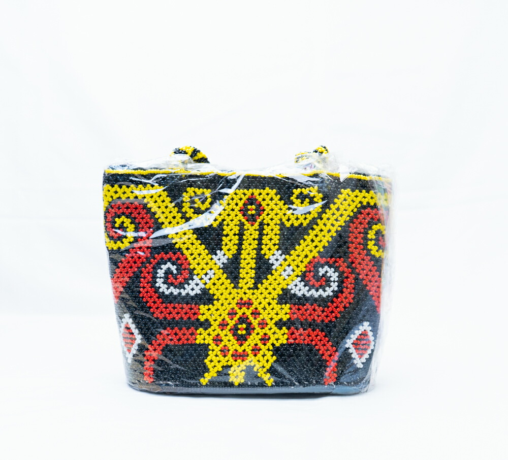 【総ビーズの芸術】インドネシア ダヤック族 手編み ビーズバッグ ブラック トートバッグ 伝統工芸 民族柄 エスニック アジアン雑貨 幾何学模様 ゴージャス 個性的 一点もの ハンドメイド ギフト 贈り物 華やか