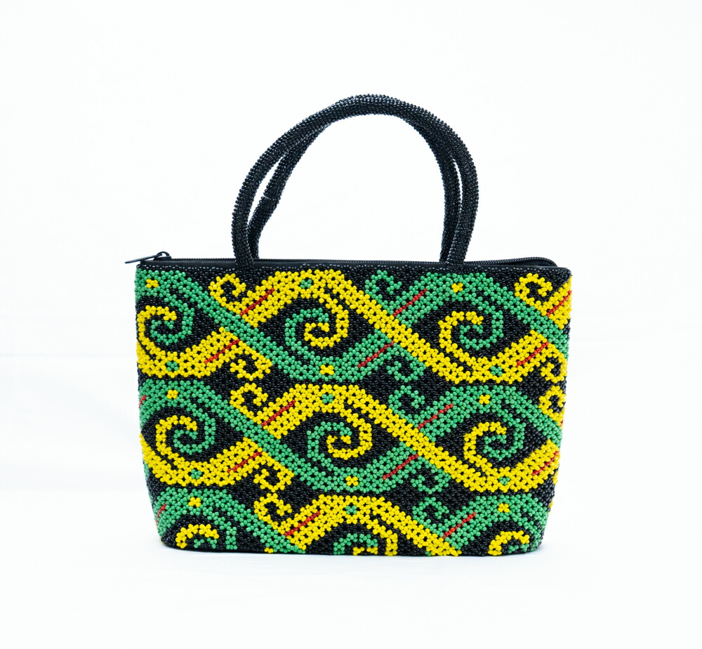 【伝統工芸】インドネシア ダヤック 総ビーズバッグ ハンドバッグ 総ビーズ 民族柄 グリーン イエロー ブラック エスニック アジアン雑貨 幾何学模様 個性的 一点もの ハンドメイド ギフト 贈り物 華やか ファスナー付き