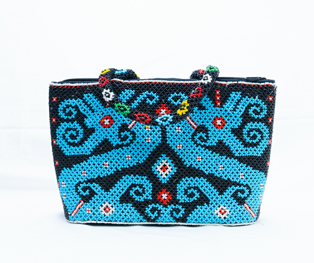 【極上手仕事】インドネシア ダヤック 総ビーズバッグ ハンドバッグ ターコイズブルー ブラック 民族柄 エスニック アジアン雑貨 幾何学模様 個性的 一点もの ハンドメイド ギフト 贈り物 華やか ファスナー付き