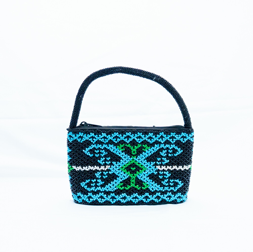 【伝統工芸】インドネシア ダヤック ミニ ビーズバッグ ハンドバッグ 総ビーズ ターコイズ ブルー グリーン ホワイト 民族柄 エスニック アジアン雑貨 幾何学模様 個性的 一点もの ハンドメイド ギフト 贈り物 小さめ 華やか