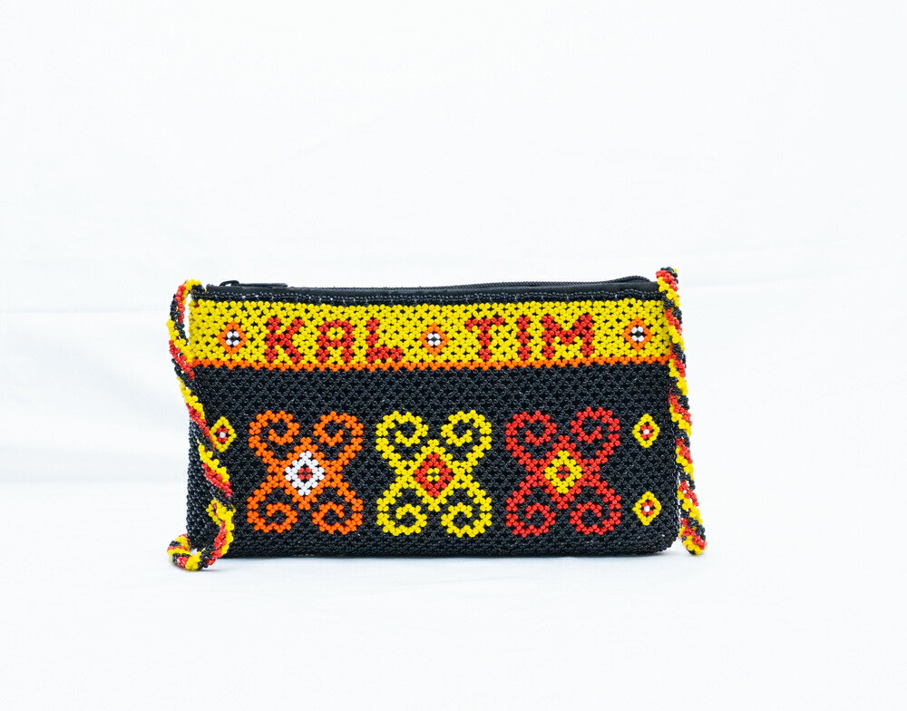 【本場 KAL TIM 刻印】インドネシア ダヤック 総ビーズ ショルダーバッグ ポシェット スマホショルダー 伝統工芸 東カリマンタン 民族柄 エスニック アジアン雑貨 幾何学模様 イエロー ブラック レッド 1点もの ハンドメイド ギフト