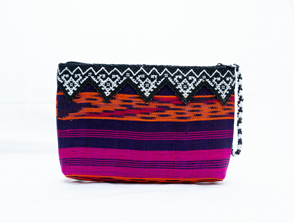 【伝統工芸】インドネシア 手織り布 ビーズ ポーチ 小物入れ テヌン イカット 絣織 民族柄 エスニック アジアン雑貨 ビーズワーク 化粧ポーチ コスメポーチ ストラップ付き 一点もの ハンドメイド ギフト