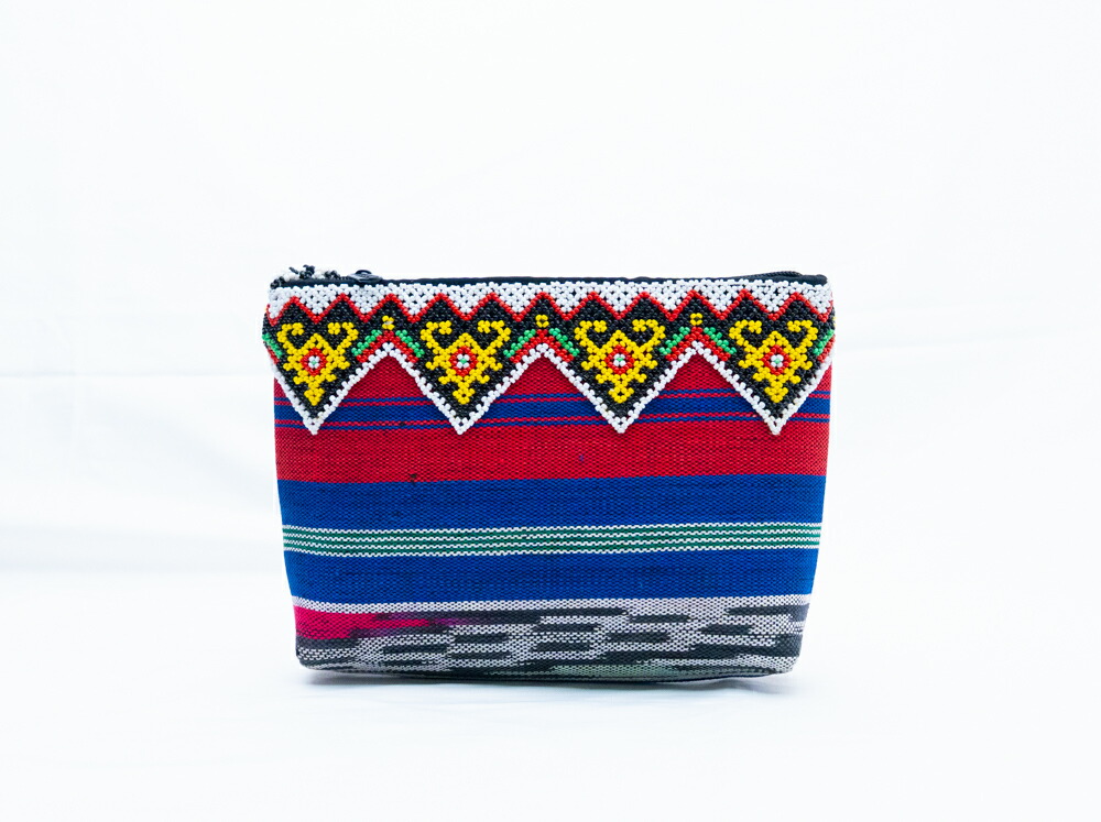 【伝統の彩り】インドネシア 手織り布 ビーズ ポーチ 小物入れ テヌン イカット 絣織 民族柄 エスニック アジアン雑貨 ビーズワーク 化粧ポーチ コスメポーチ ファスナー付 ハンドメイド 1点もの ギフト 贈り物