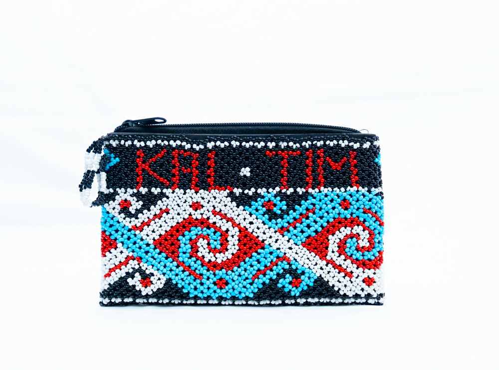 【本場 KAL TIM】インドネシア ダヤック 総ビーズ ミニポーチ コインケース アクセサリーケース 伝統工芸 東カリマンタン 民族柄 エスニック アジアン雑貨 幾何学模様 ブルー ブラック レッド 1点もの ハンドメイド ギフト