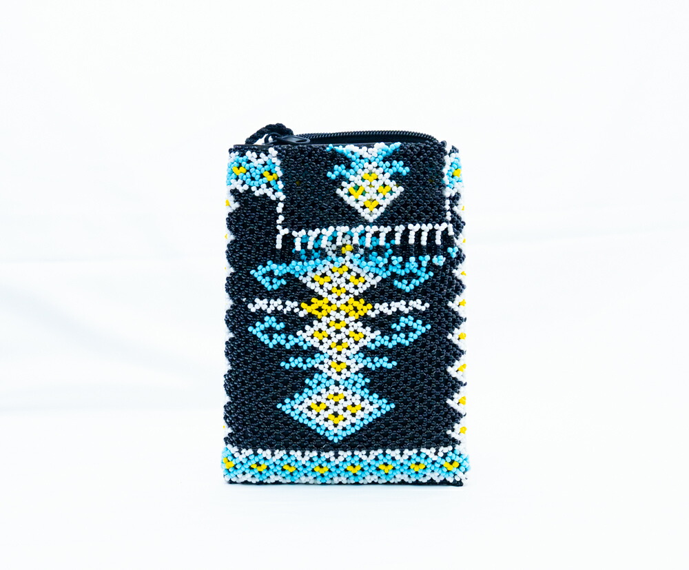 【伝統工芸】インドネシア ダヤック 総ビーズ 縦型ポーチ ミニポーチ カードケース ビーズワーク 幾何学模様 エスニック アジアン雑貨 小物入れ ターコイズ ブラック イエロー ハンドメイド 一点もの ギフト 贈り物 芸術品